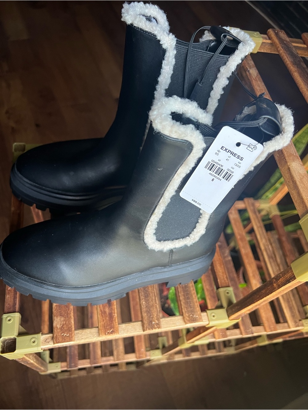Express Black Chelsea Boots with White Faux-Shearling Trim